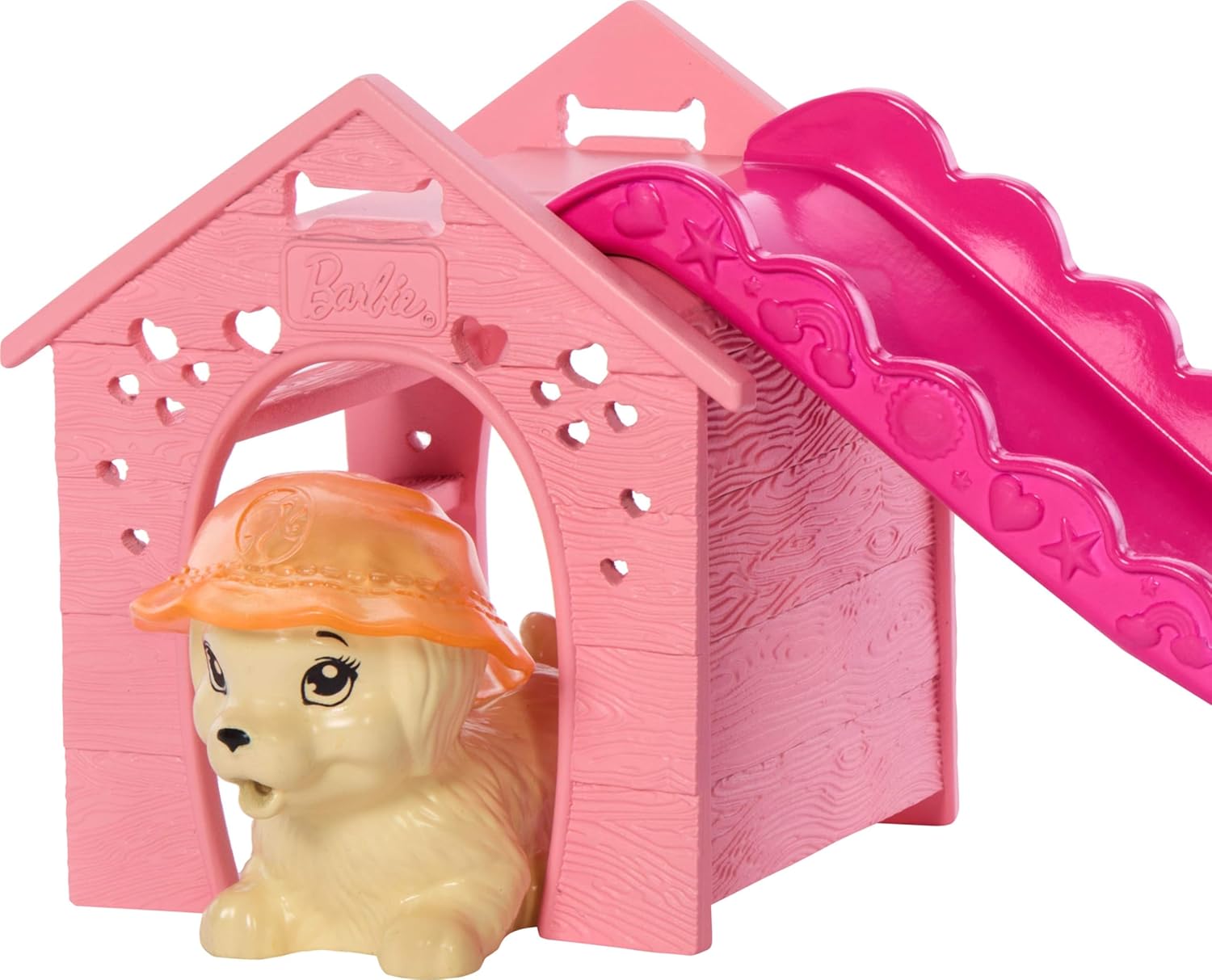 Toy doghouse with a toy dog peeking out, featuring the Barbie logo.
