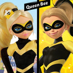 Barbie doll in Queen Bee costume with yellow and black outfit on a colorful background