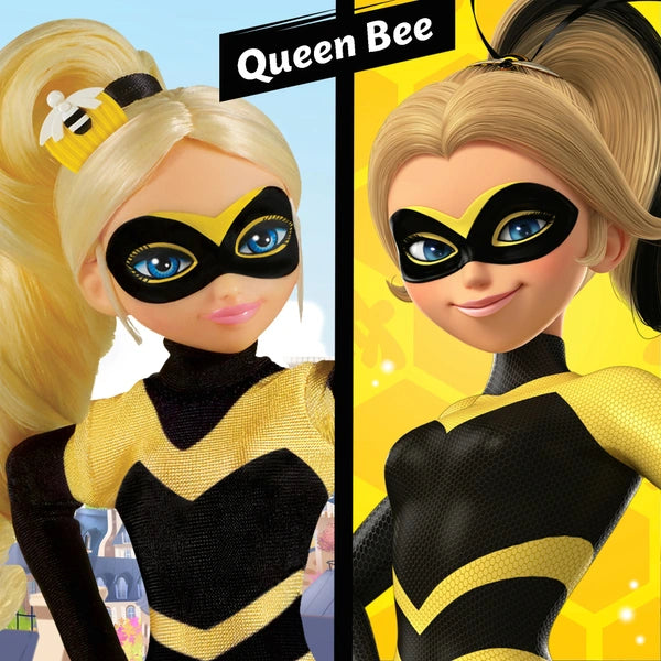 Barbie doll in Queen Bee costume with yellow and black outfit on a colorful background