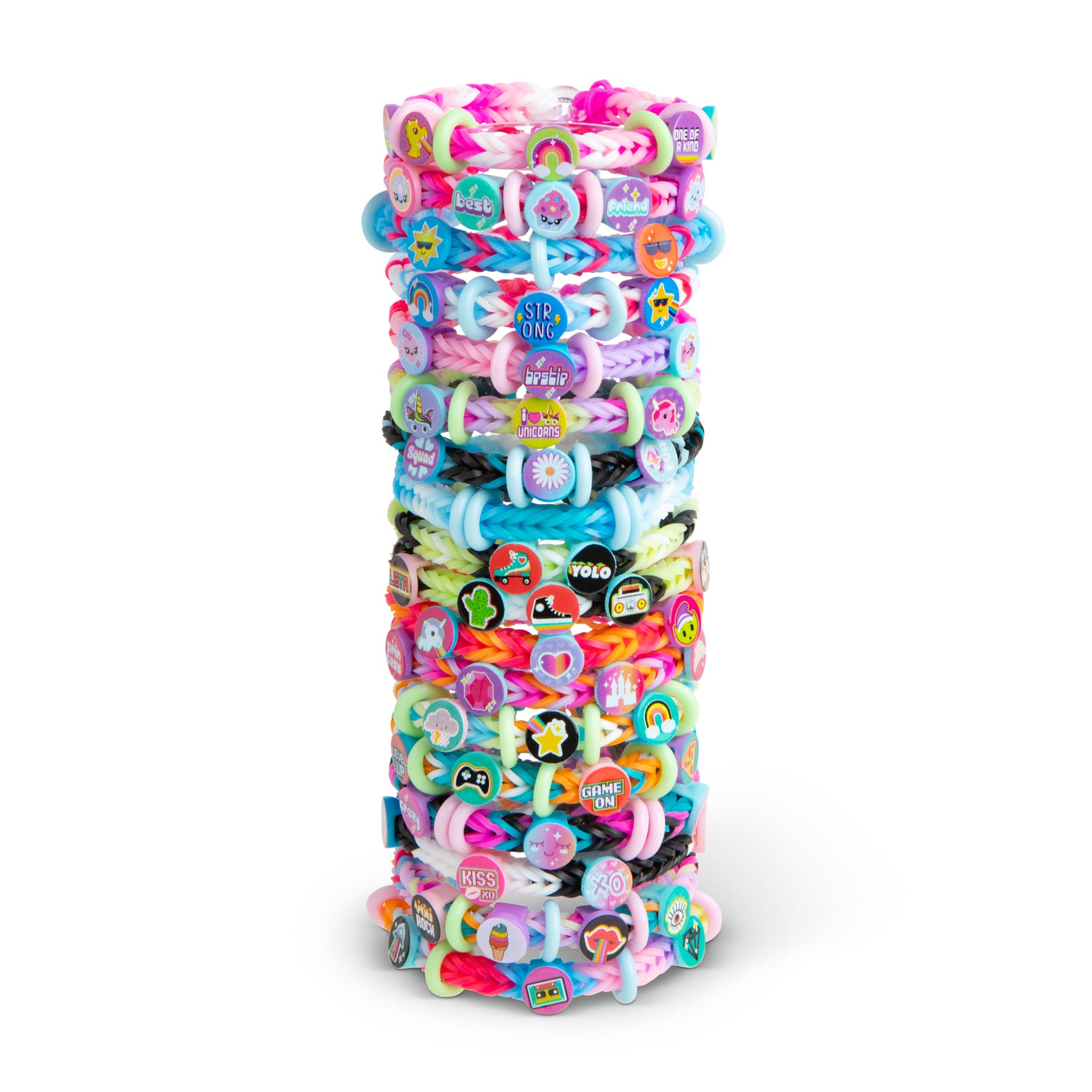 Stack of colorful rainbow looms various designs on a white background