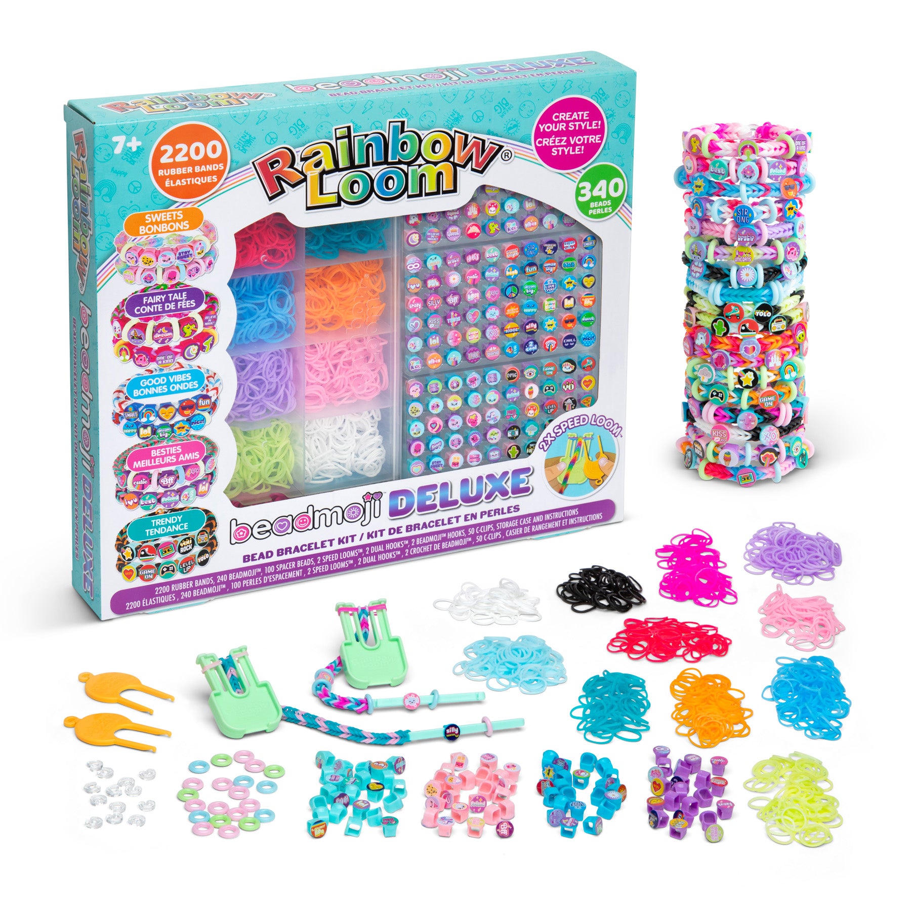 Rainbow Loom Beadmoji Deluxe kit with packaging and colorful rubber bands on a white background