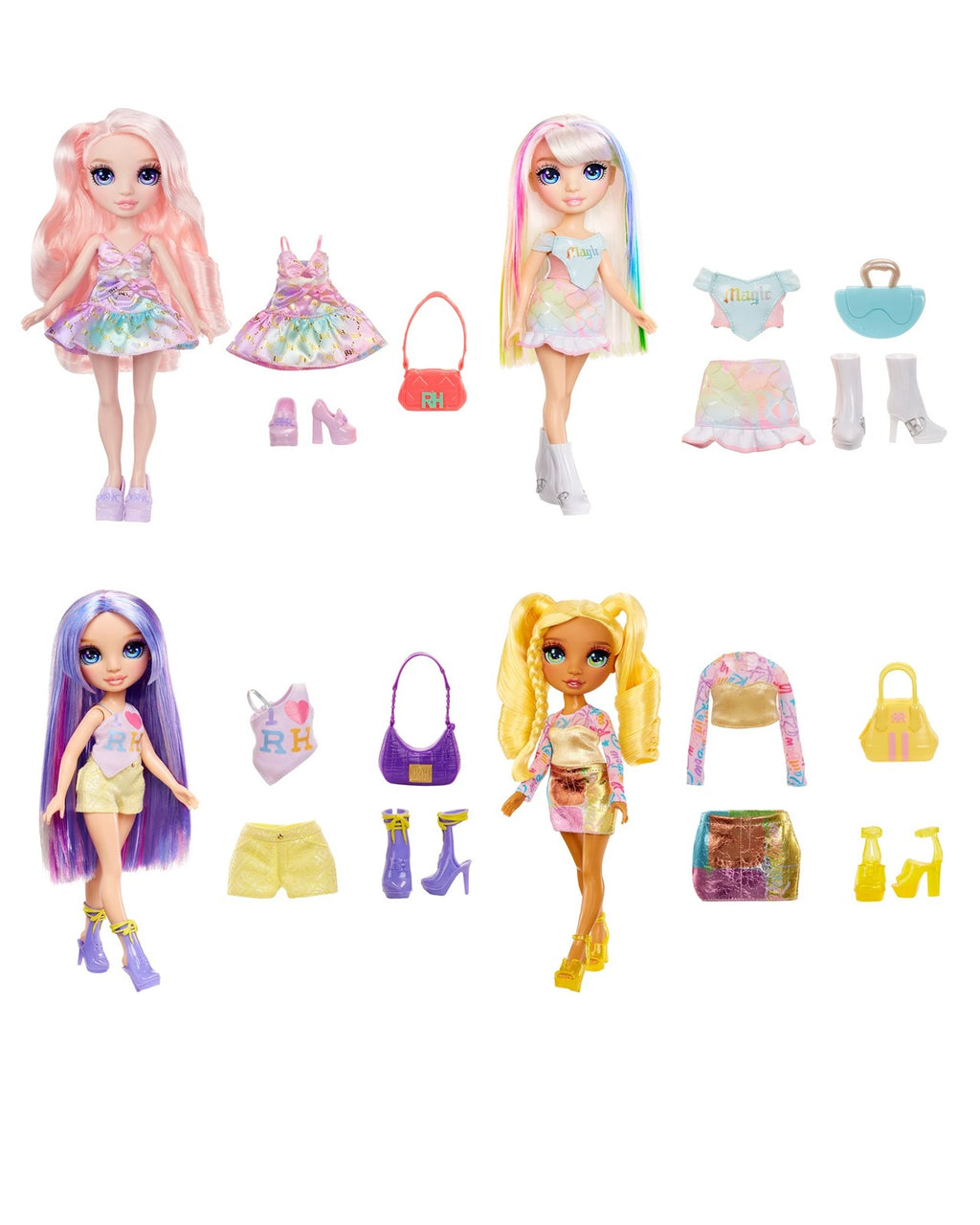Set of fashion dolls with accessories on a white background