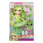 Packaged toy doll with green hair and dress, featuring Rainbow Fantasy Fairies branding.