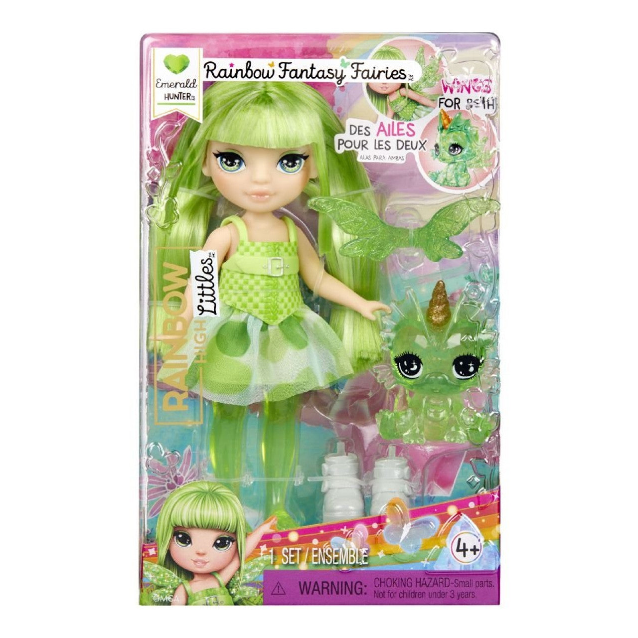 Packaged toy doll with green hair and dress, featuring Rainbow Fantasy Fairies branding.