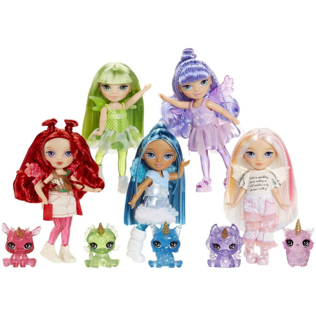 Set of colorful dolls with unique hairstyles and outfits on a white background