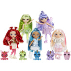 Set of colorful dolls with unique hairstyles and outfits on a white background