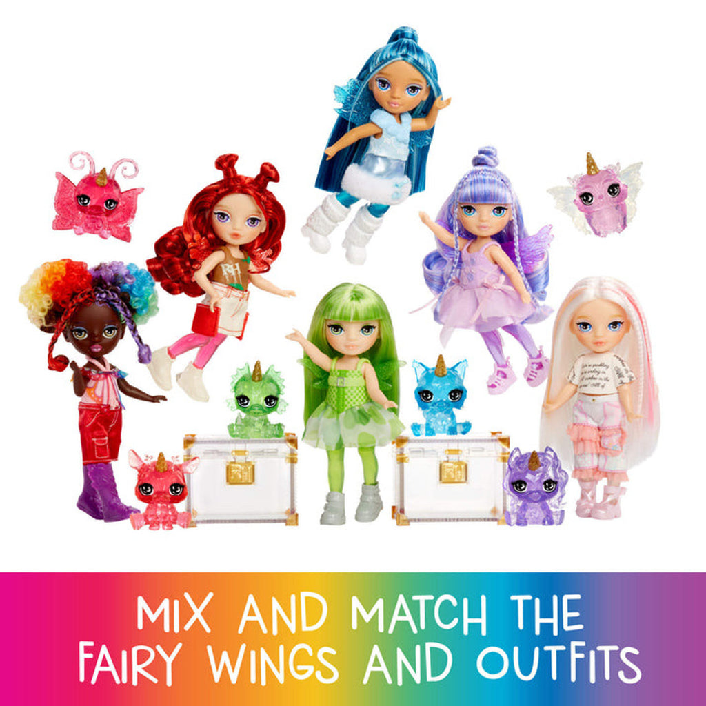 Set of colorful dolls with fairy wings and outfits on a white background