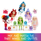 Set of colorful dolls with fairy wings and outfits on a white background
