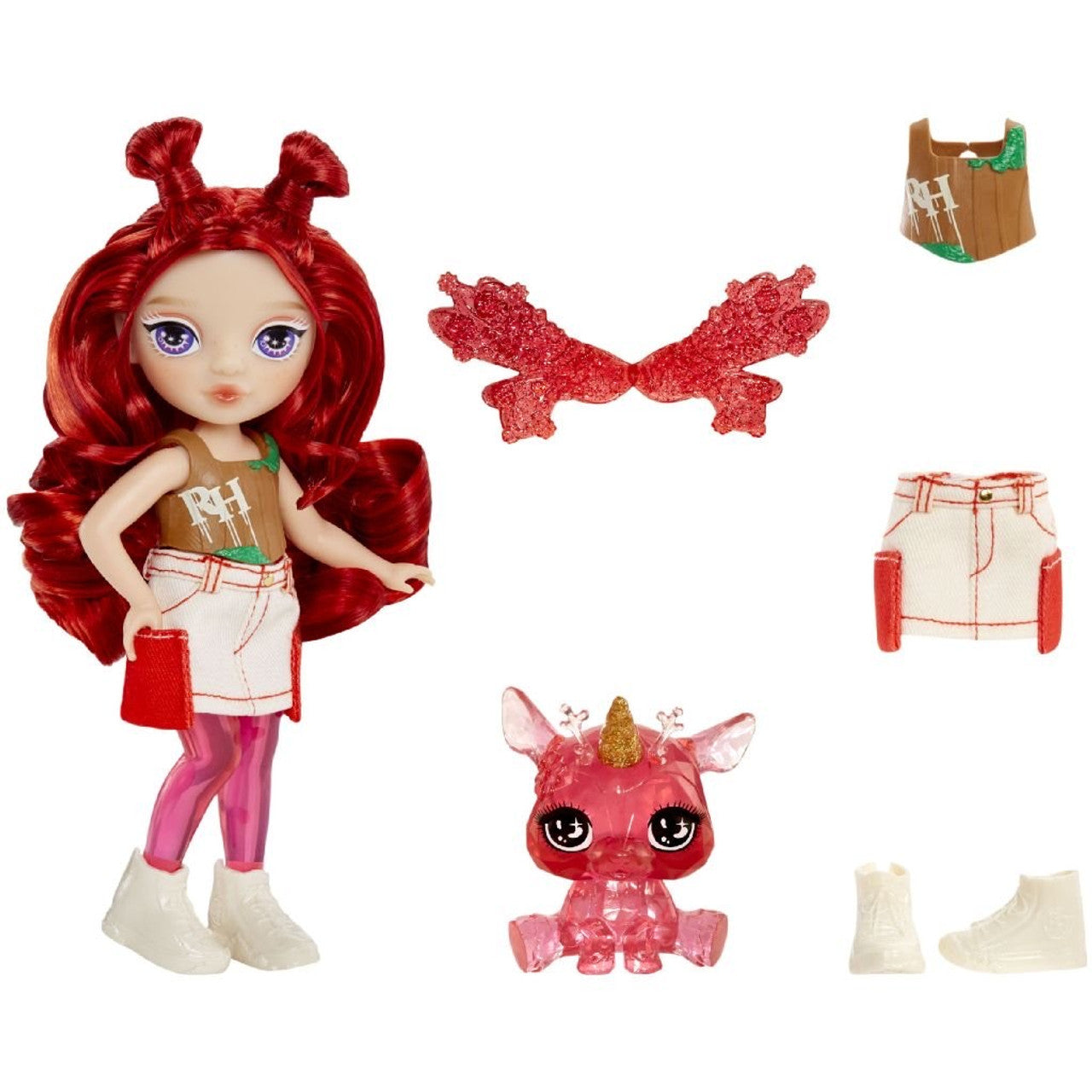 Toy doll with red hair and accessories, including a small pink creature, on a white background.