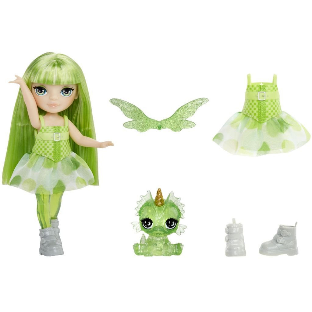 Green-themed doll with accessories on a white background