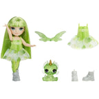 Green-themed doll with accessories on a white background
