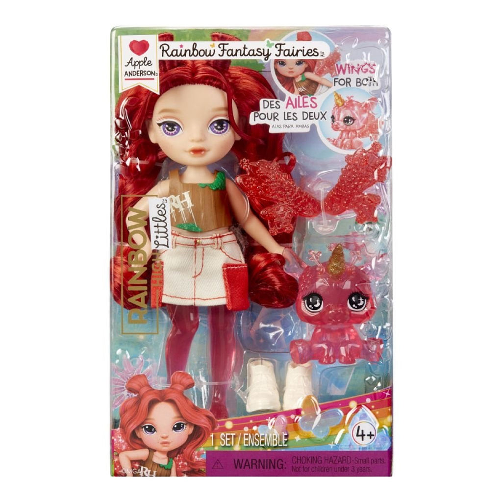 Packaged doll with red hair and wings, featuring Rainbow Fantasy Fairies branding.
