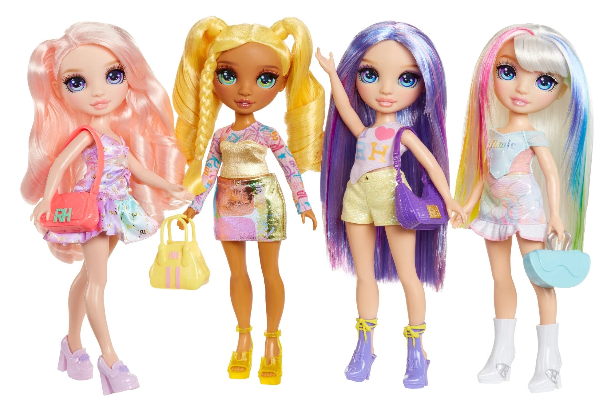 Four dolls with colorful hairstyles and outfits on a white background