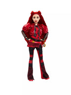 Toy figure in a red and black outfit on a white background