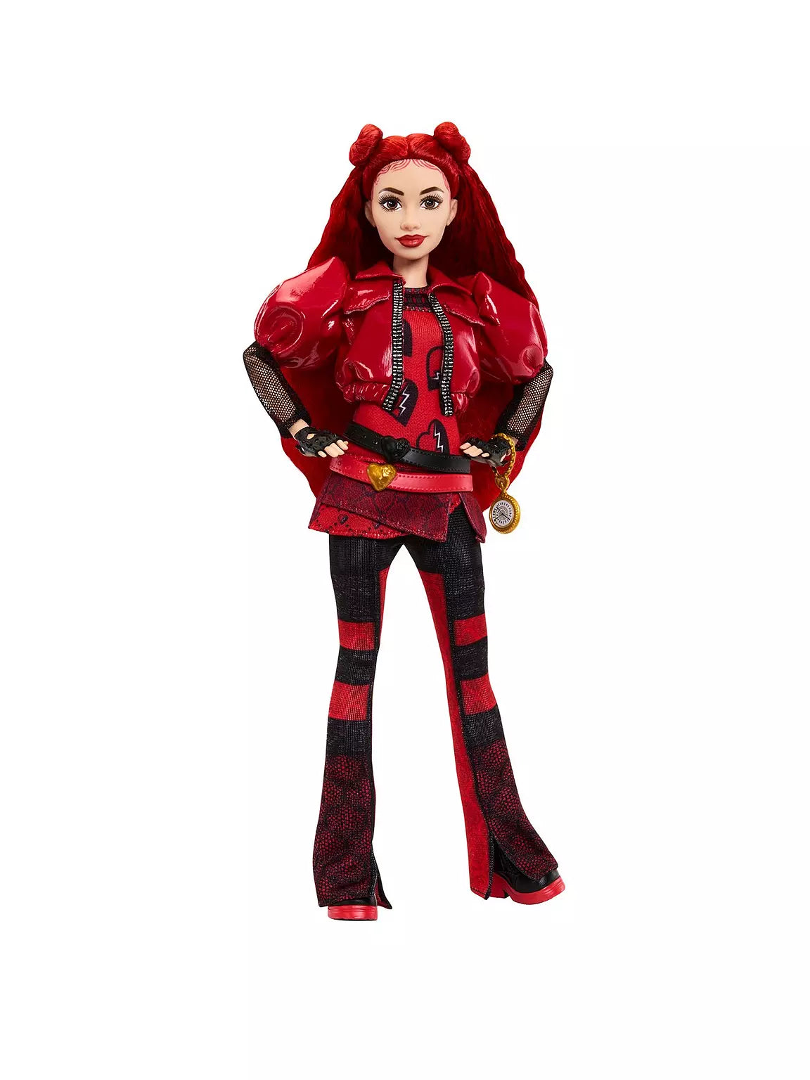Toy figure in a red and black outfit on a white background