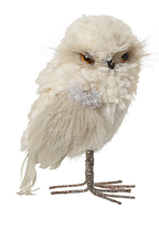 Decorative owl with fluffy white feathers and a glittery beak on a white background