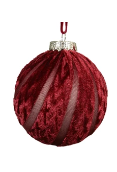Three oxblood red velvet-finished Christmas baubles in assorted ribbed, swirled, and paneled designs with gold caps and thread hangers.