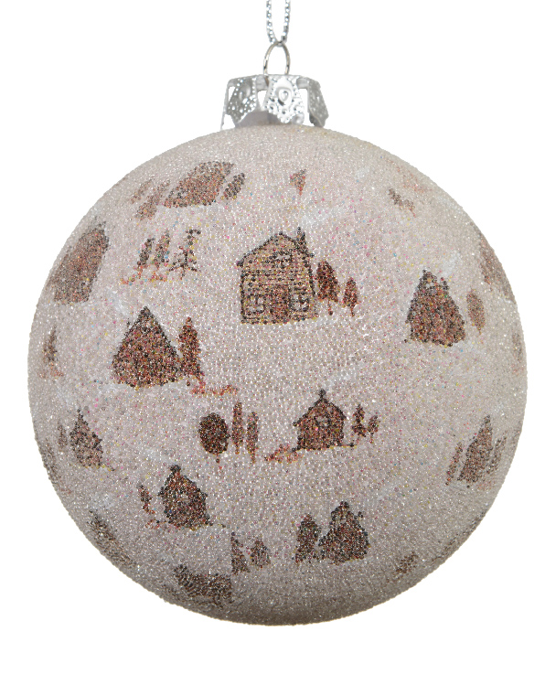 Decorative Christmas ball with gingerbread house pattern on a white background