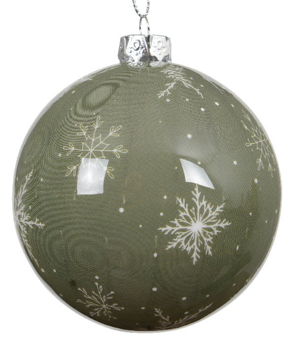 Green Christmas ball ornament with snowflake patterns on a white background