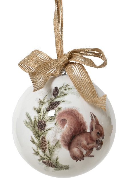 Decorative Christmas ornament with a squirrel and pinecones on a white background