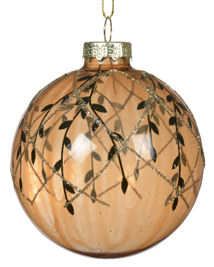 Decorative glass ornament with leaf patterns on a white background