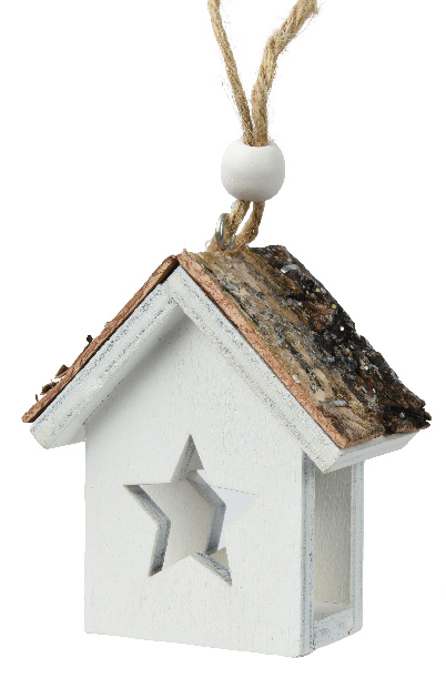 Decorative wooden birdhouse with a star cutout on a white background