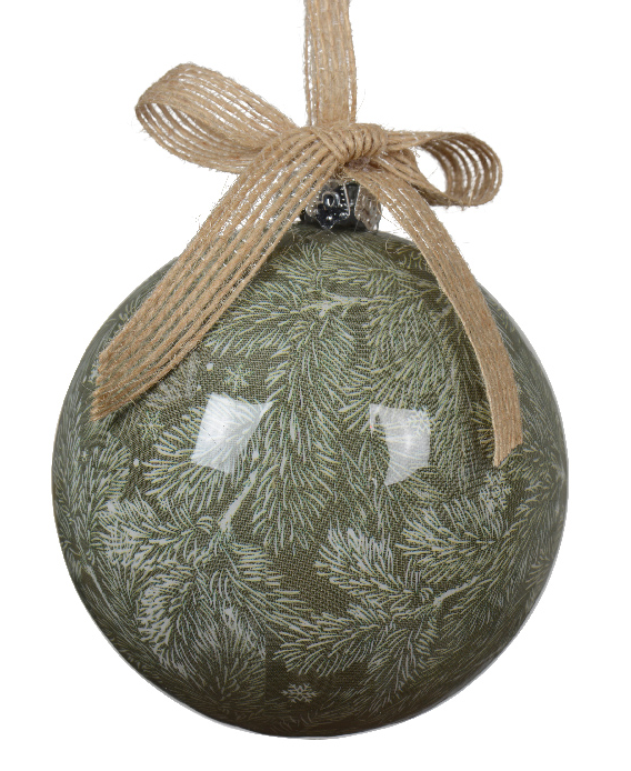 Decorative green ball ornament with pine branch pattern and brown ribbon on a white background