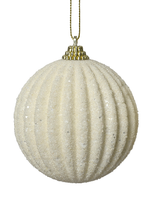 Beige textured Christmas ball ornament with gold chain on a white background