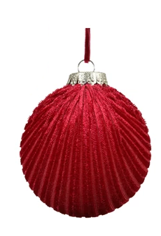 Three oxblood red velvet-finished Christmas baubles in assorted ribbed, swirled, and paneled designs with gold caps and thread hangers.