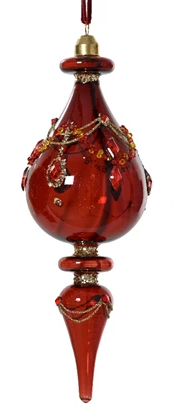 Oxblood glass Christmas ornament hanging on red tree, embellished with glitter, beads, and diamond detailing