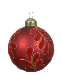 Red glass Christmas baubles with gold leaf pattern and silver interior in assorted shapes, luxury metal cap, and gold organza ribbon