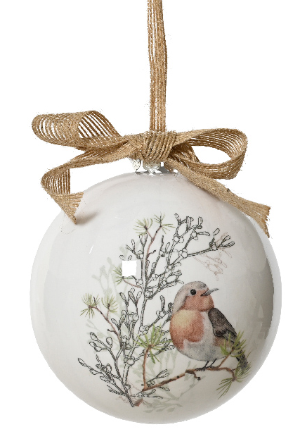 Decorative Christmas ball ornament with a bird and branch design, tied with a ribbon on a white background.