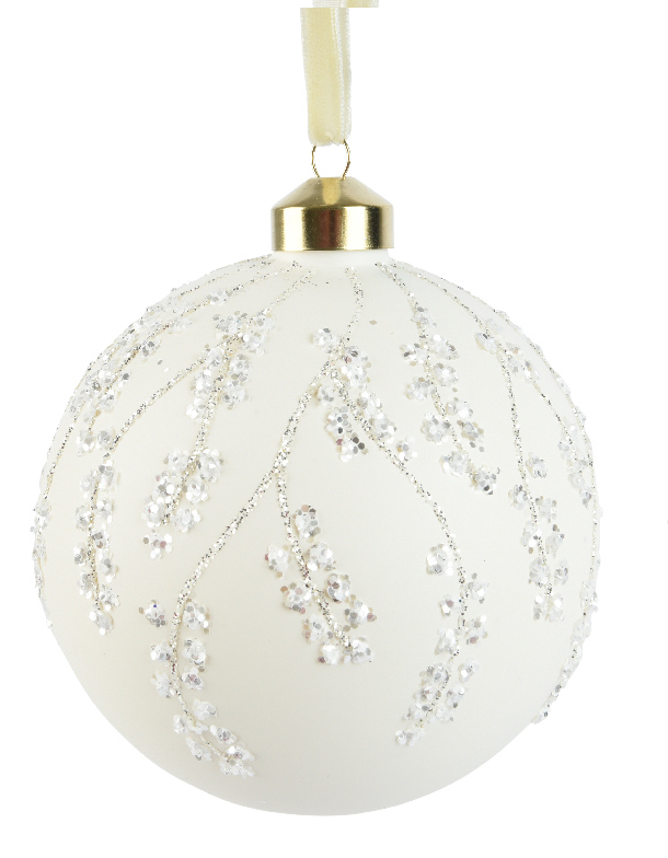 Decorative white ball ornament with gold hook on a white background