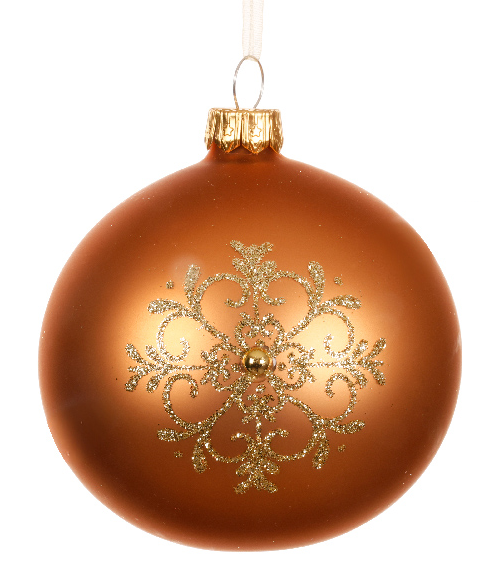 Bronze Christmas ornament with gold snowflake design on a white background