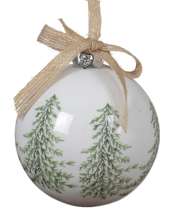 Decorative Christmas ball ornament with green tree pattern and beige ribbon on a white background