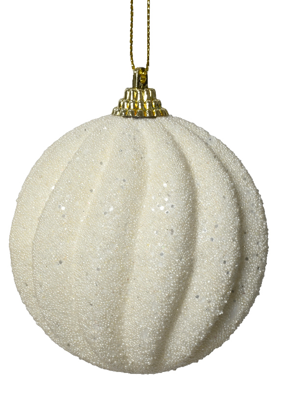 White textured Christmas ornament with gold hanging chain on a white background