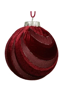 Three oxblood red velvet-finished Christmas baubles in assorted ribbed, swirled, and paneled designs with gold caps and thread hangers.