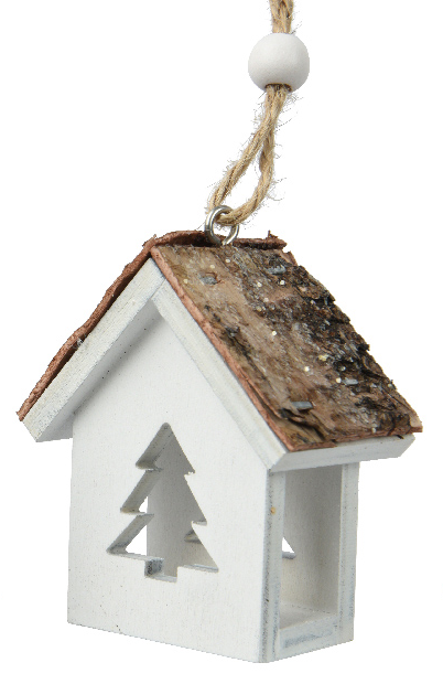Decorative birdhouse with a textured roof and Christmas tree cutout on a white background