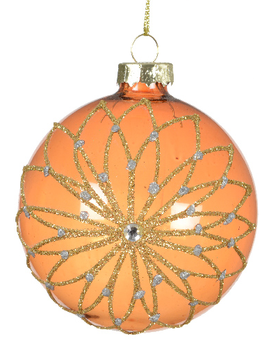 Decorative orange Christmas ball ornament with gold and silver embellishments on a white background