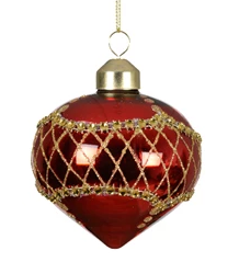 Red glass Christmas bauble with silver inner finish and gold beaded decoration – assorted set of 3