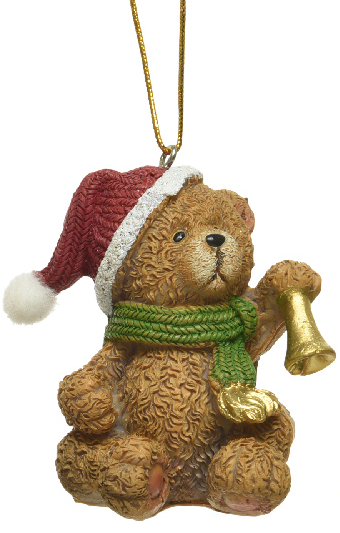 Christmas teddy bear ornament with a Santa hat, green scarf, and gold bell on a white background