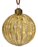 Gold ribbed glass bauble with glitter accents and PU leather ribbon