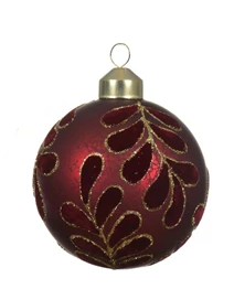 Red glass Christmas baubles with gold leaf pattern and silver interior in assorted shapes, luxury metal cap, and gold organza ribbon
