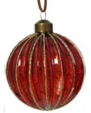 Gold ribbed glass bauble with glitter accents and PU leather ribbon
