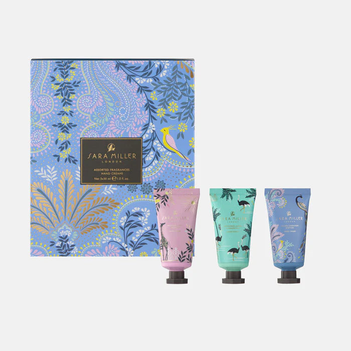 Sara Miller hand cream set with a decorative box on a white background