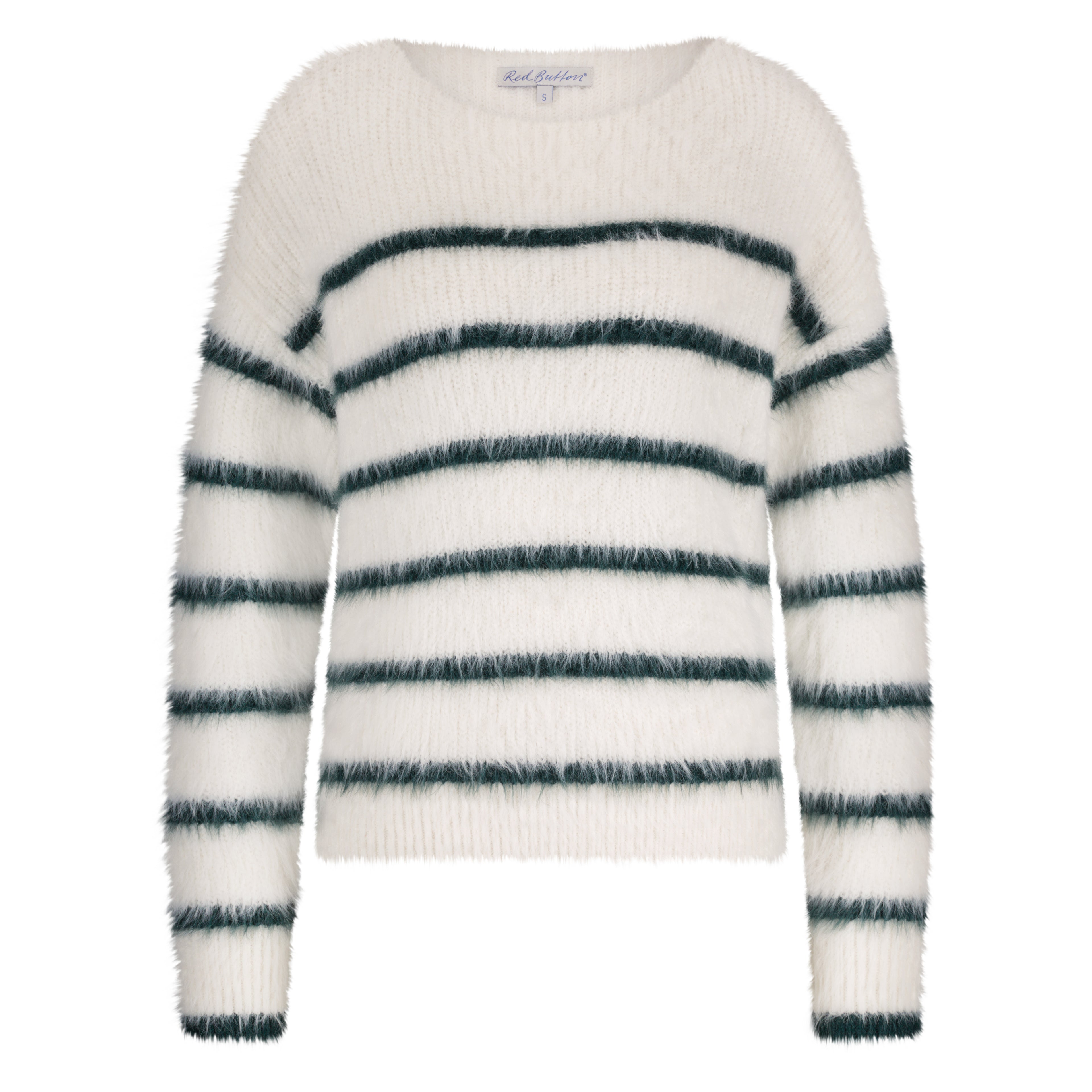 Striped sweater with white and navy blue stripes on a white background