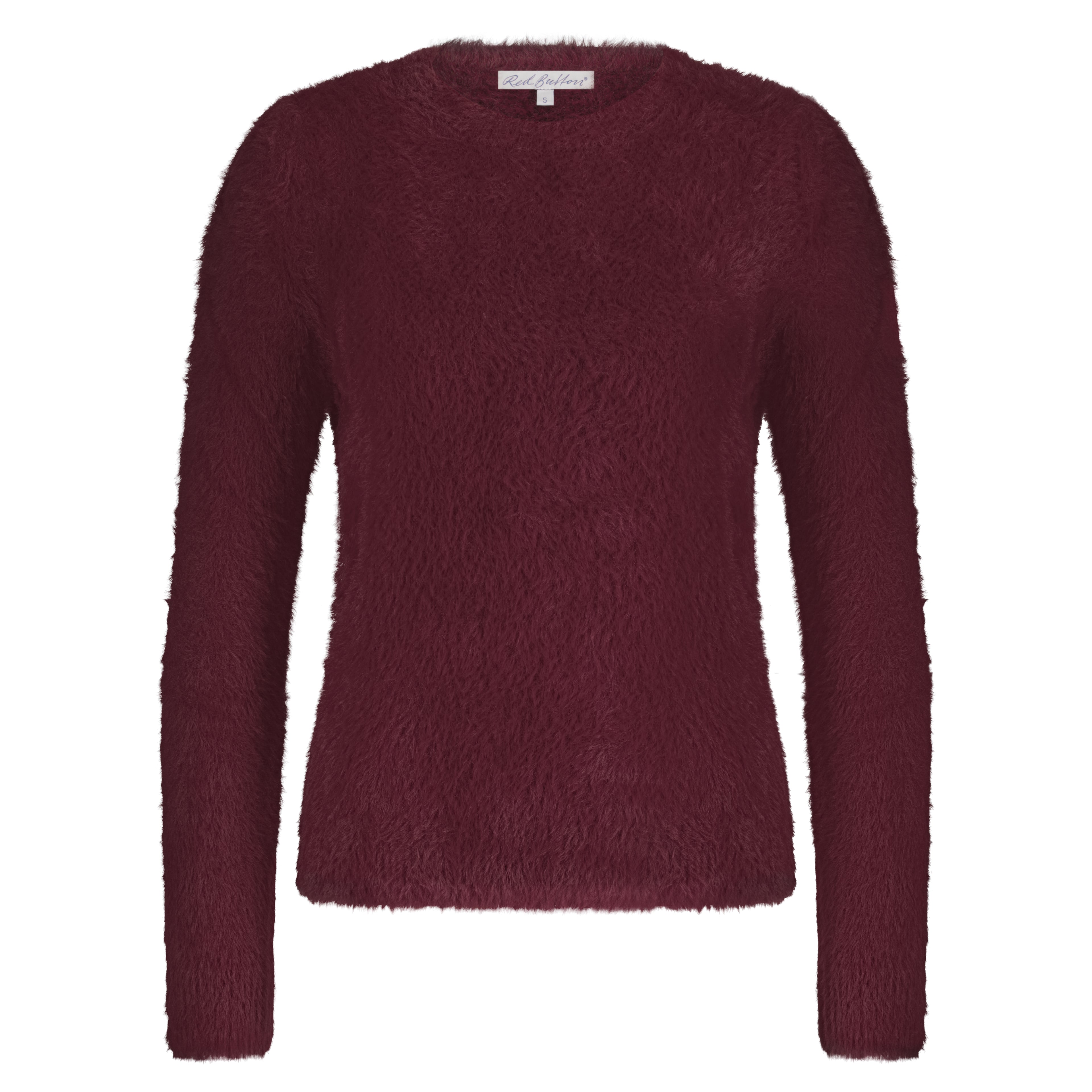 Red Button Fuzzy Puff‑Sleeve Sweater Ruby version – plush knit with voluminous