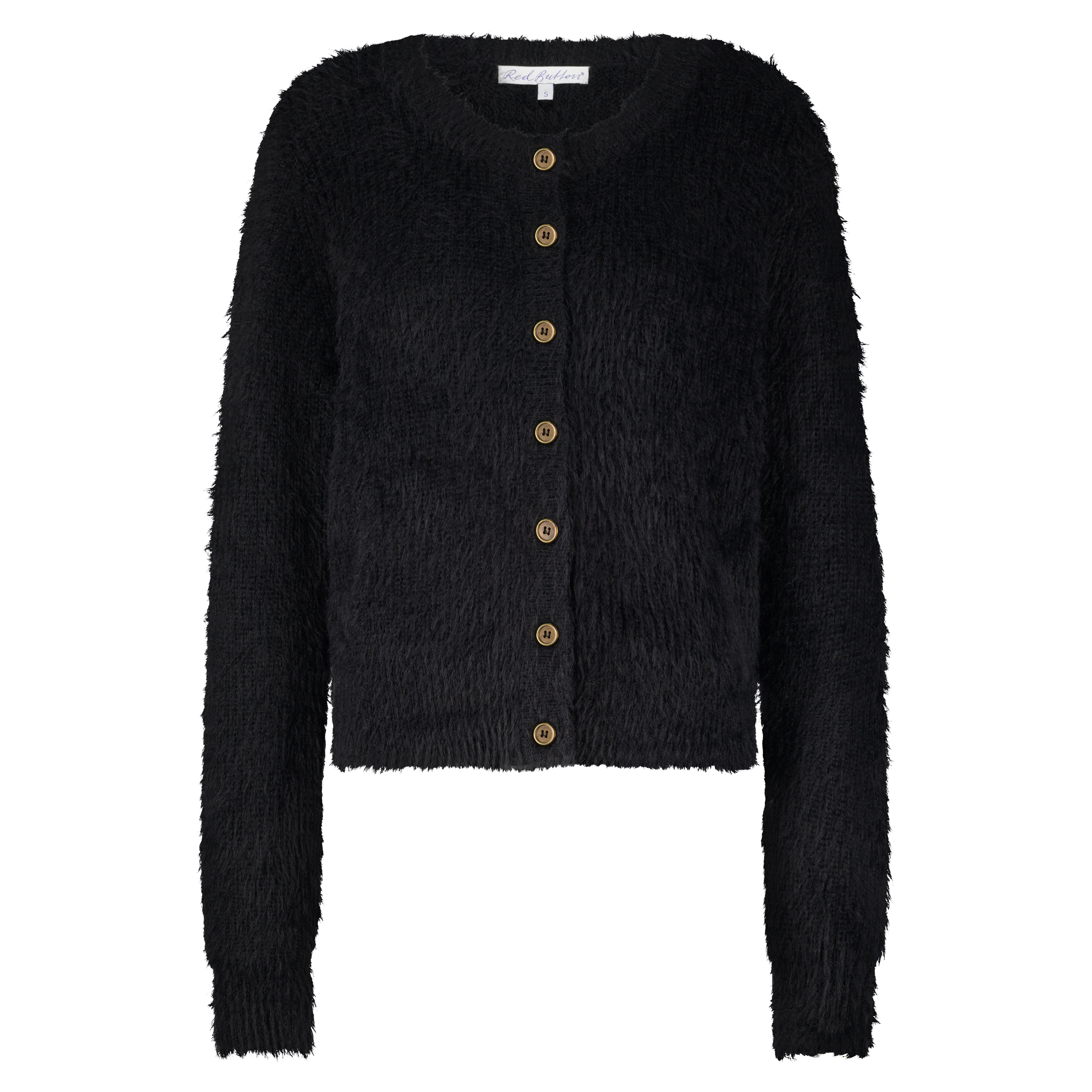 Red Button fuzzy cardigan in Black—plush knit, cozy texture