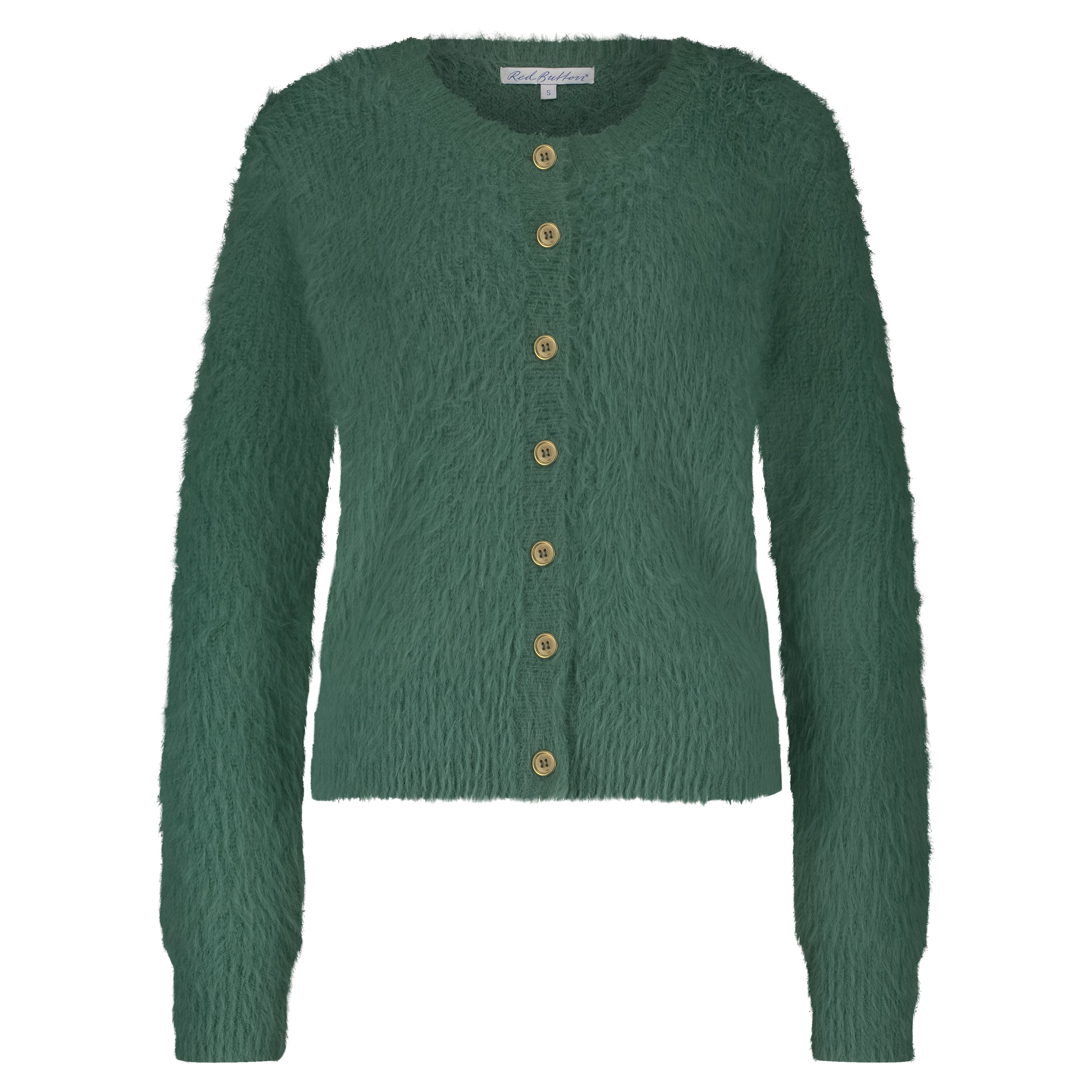 Red Button fuzzy cardigan in Pine—soft, fuzzy knit sweater