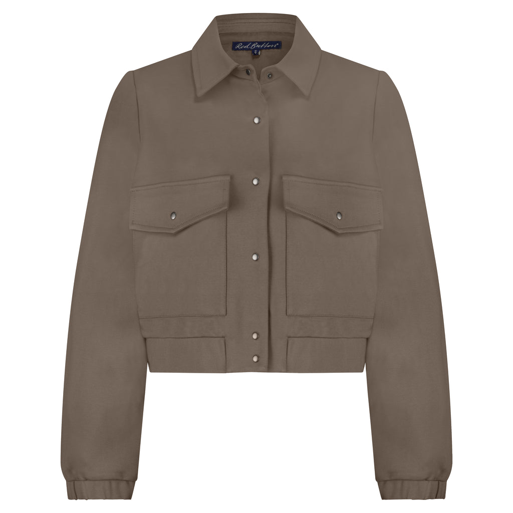 Red Button Bomber JKT Punta in Warm Taupe—soft viscose-blend bomber jacket on mannequin.